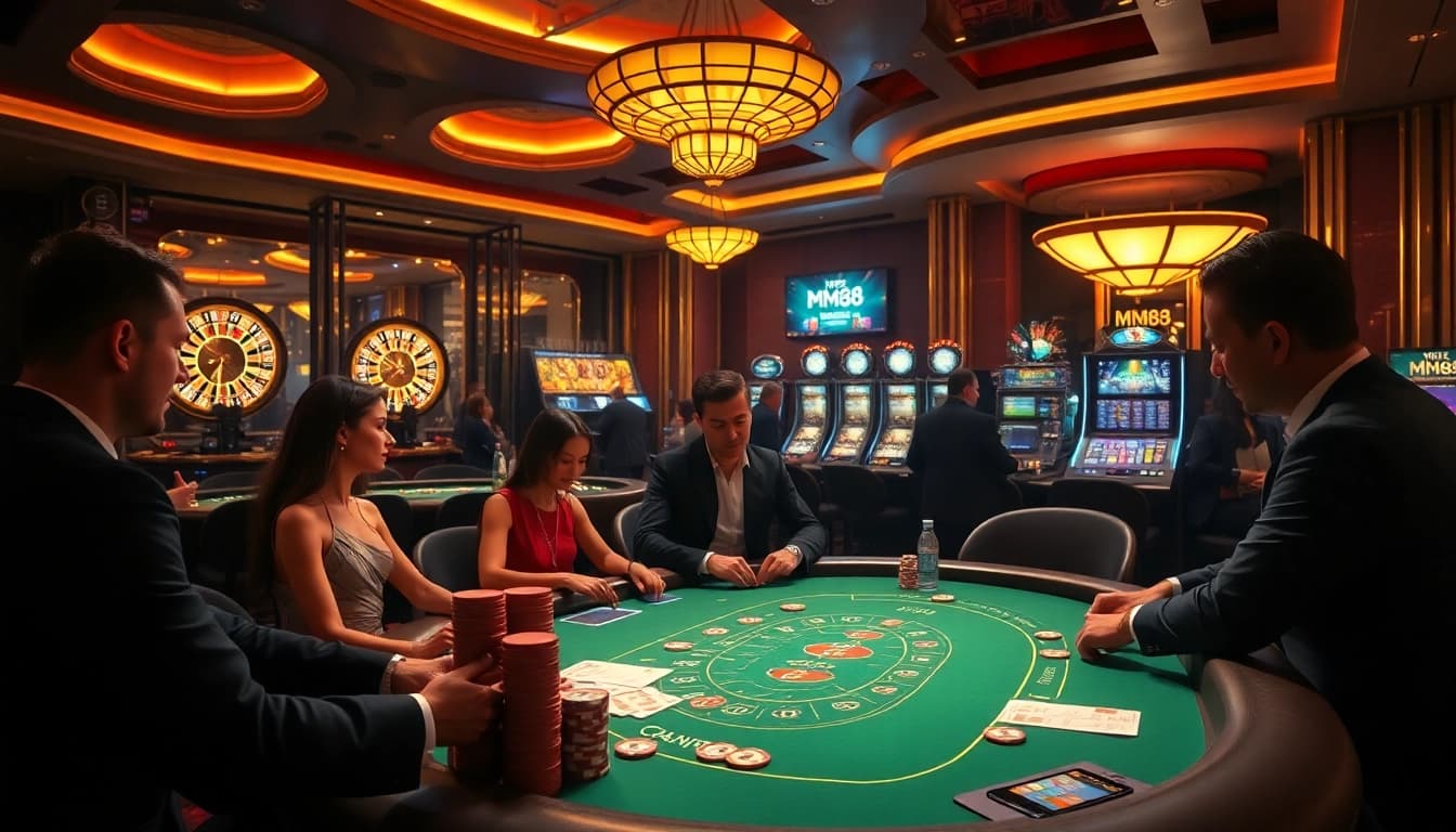 Exciting MM88 poker scene showcasing high-stakes gaming with luxurious elements.