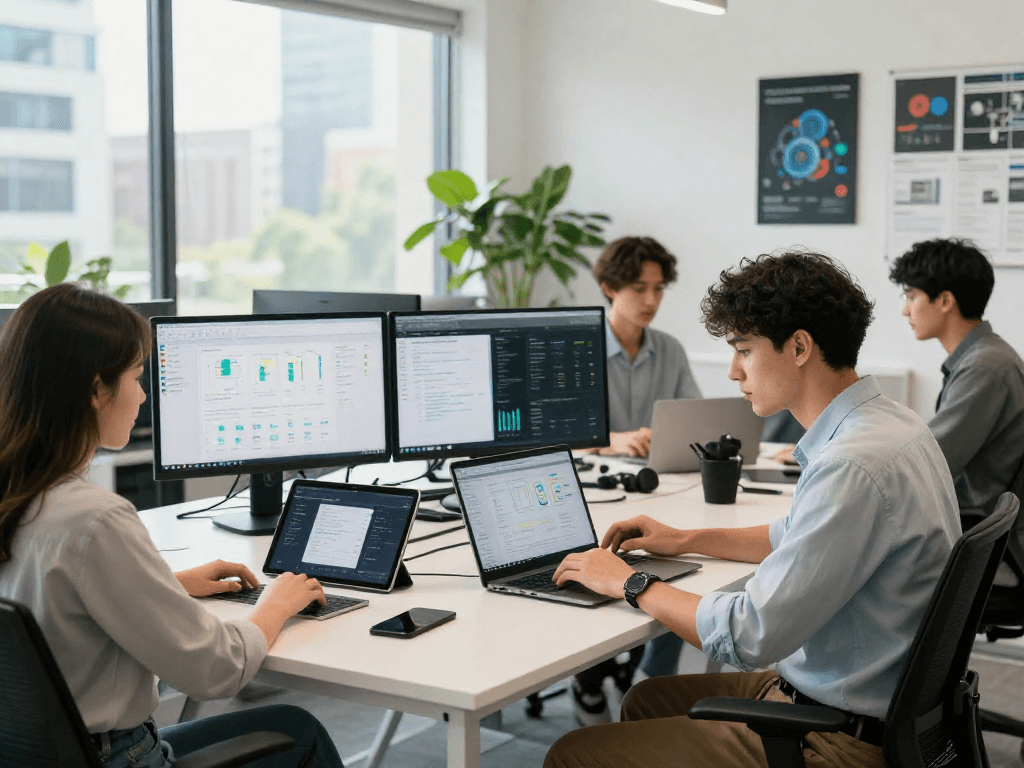 Professional team collaborating on IDXSTAR software in a modern tech workspace