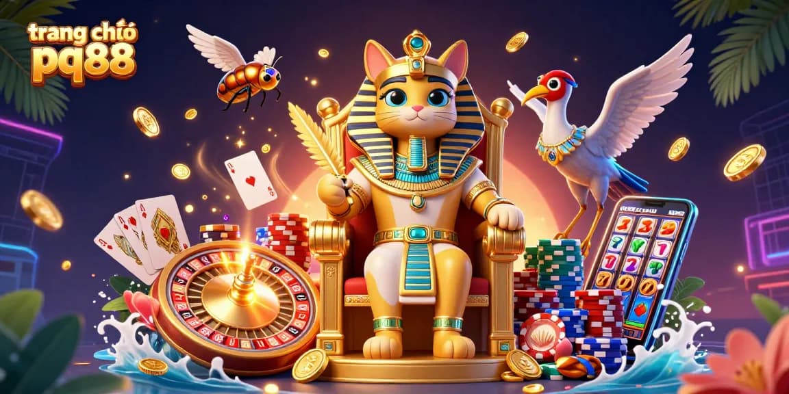 Engage in the vibrant world of trang chủ pq88, featuring the Egyptian pharaoh cat surrounded by casino elements.