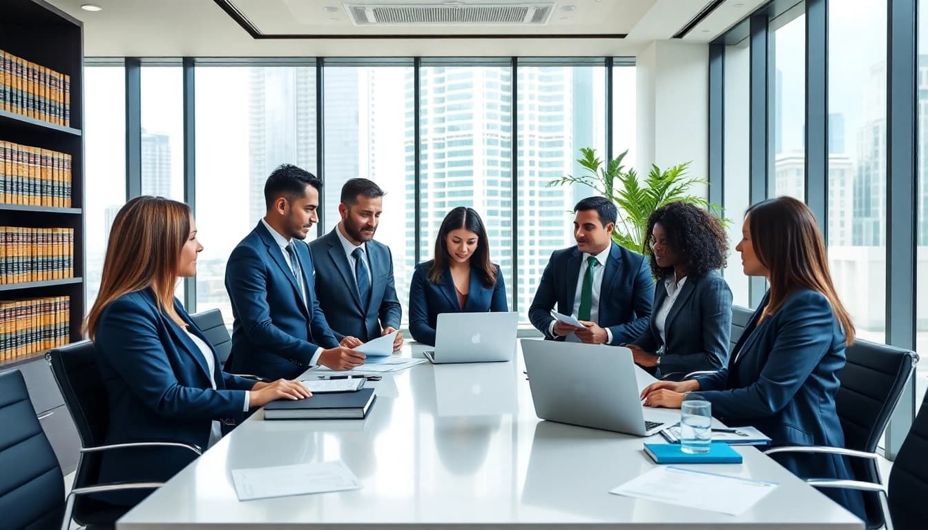 Immigration lawyer in the US consulting with clients in a modern office.