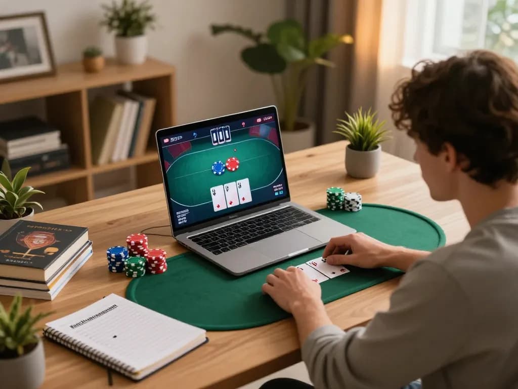 Engaging in an online poker game at home on 888bgo, focusing on strategy and bankroll management.
