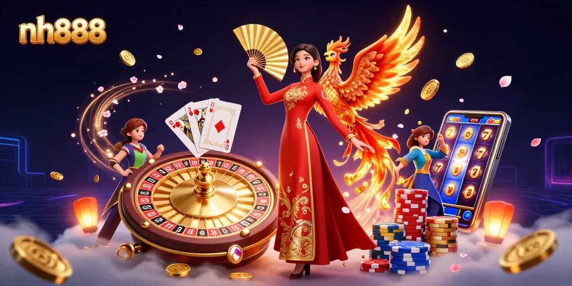 Experience exciting gaming action with nh888, featuring vibrant elements like golden coins and roulette wheels.