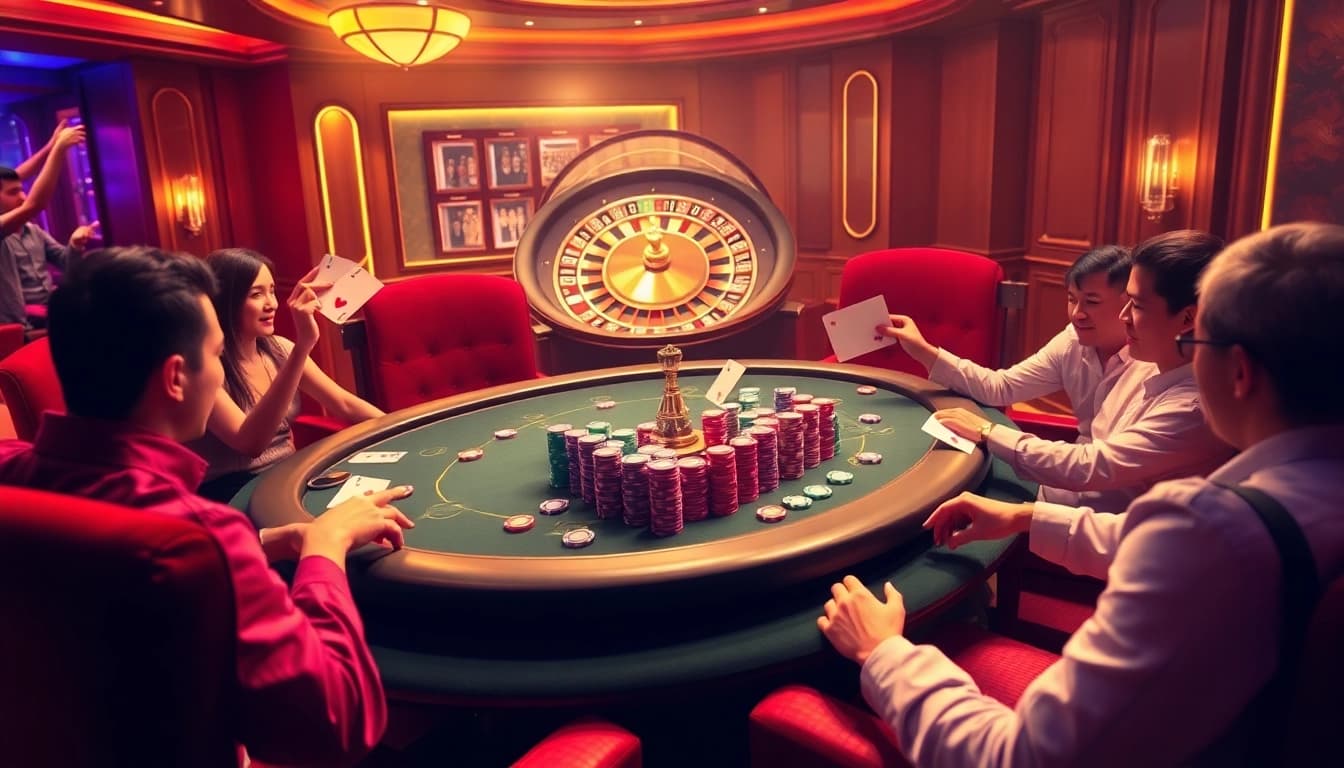 Players enjoying a vibrant kkwin casino experience at a poker table, surrounded by colorful chips and cards.