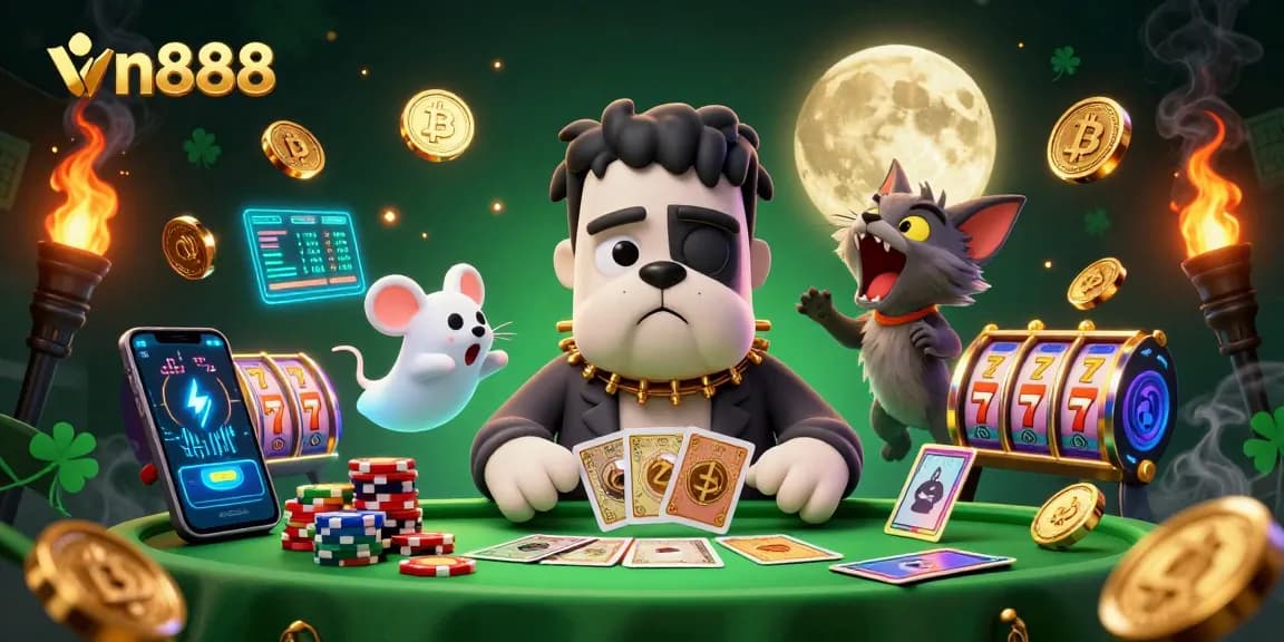 Experience thrilling casino action with vn888 featuring a Frankenstein bulldog and ghostly character in a rich, dynamic scene.