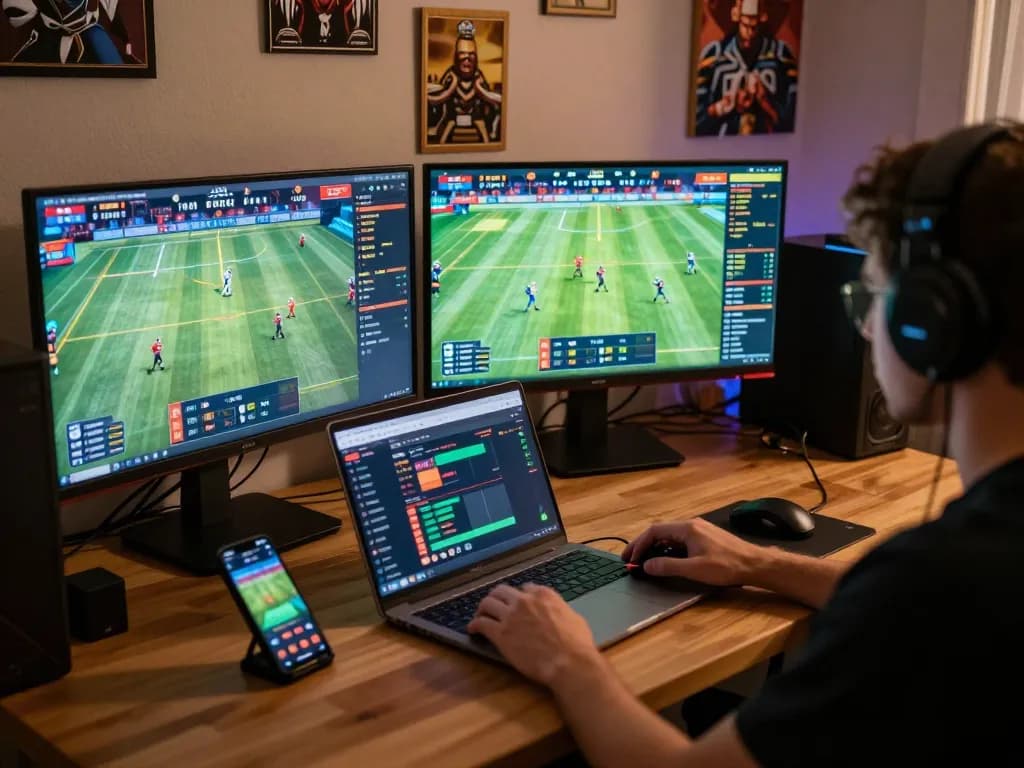 Person analyzing live sports betting options on keonhacaii88 interface with multiple screens.