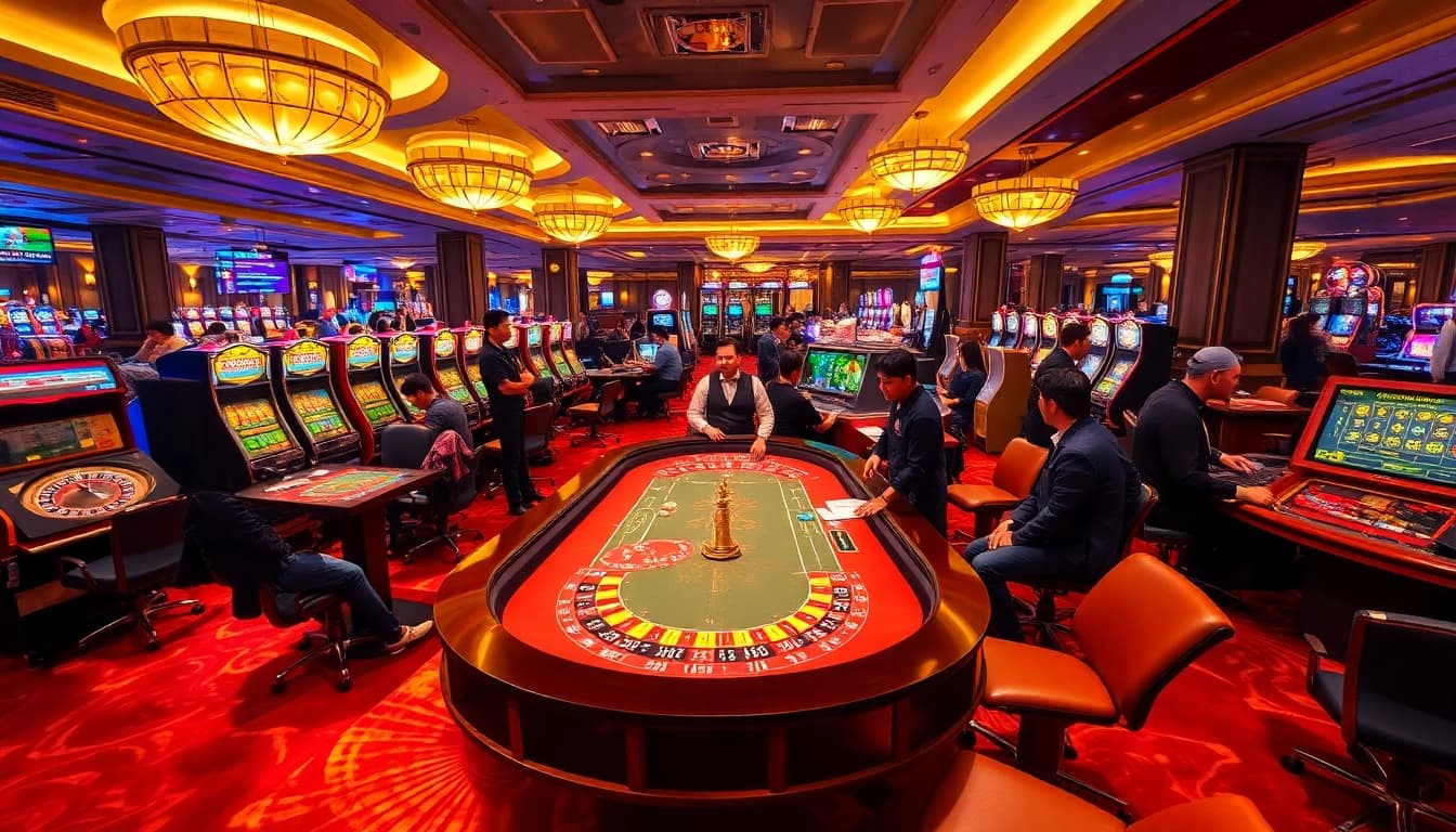 Engaging players at SX88 casino table with vibrant slot machines and roulette wheels.