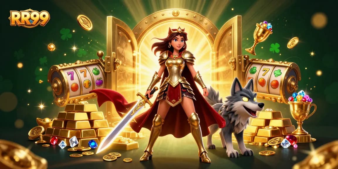 Experience thrilling adventures with RR99 at a captivating online casino scene filled with treasures.