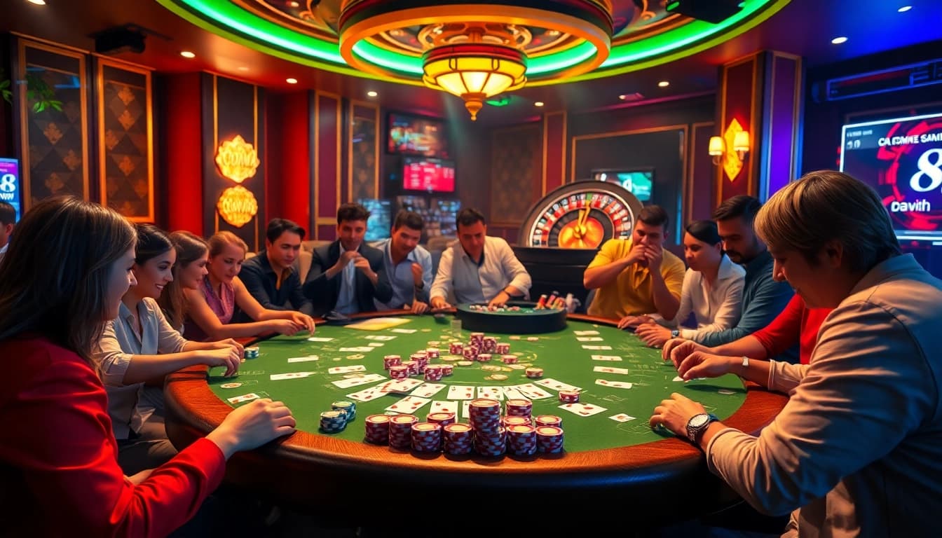 Exciting poker game at 68win casino table, showcasing vibrant chips and roulette.