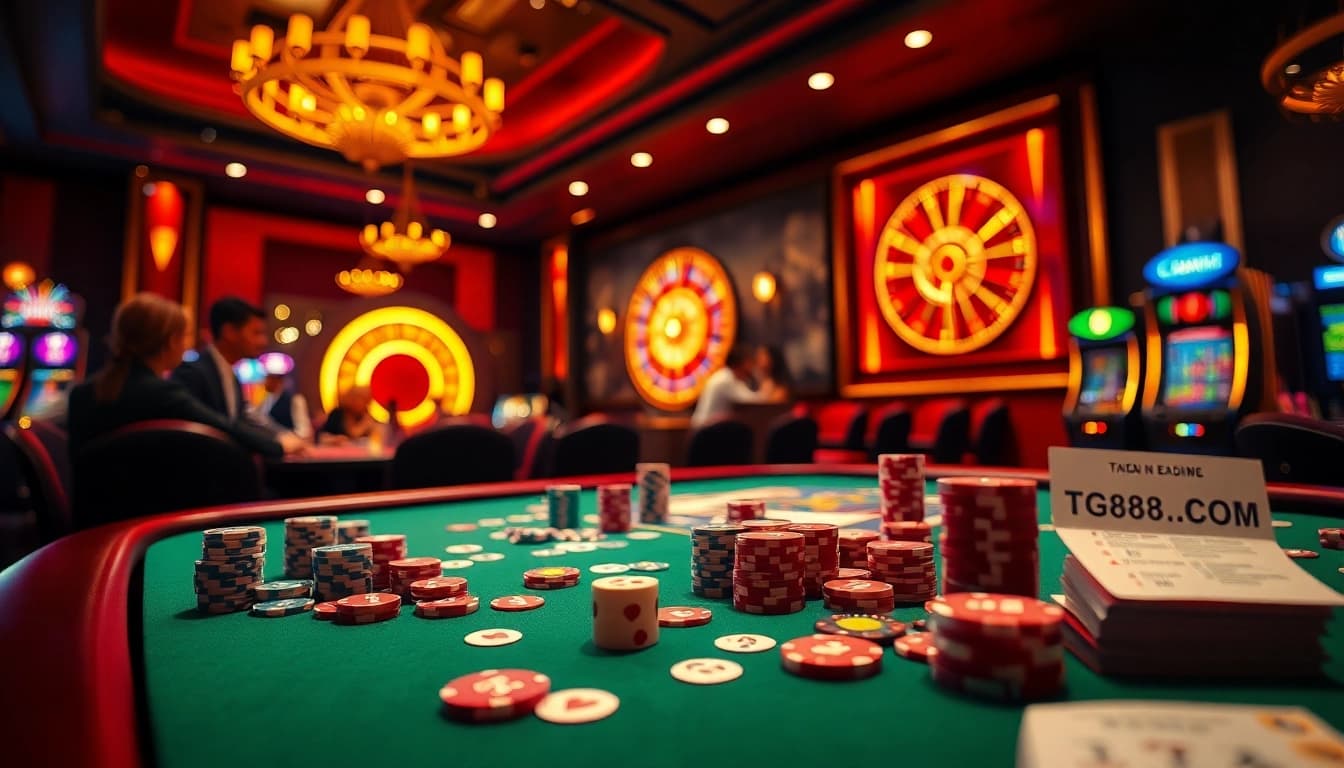Experience thrilling gameplay at TG88 .COM with vibrant card games and poker chips.