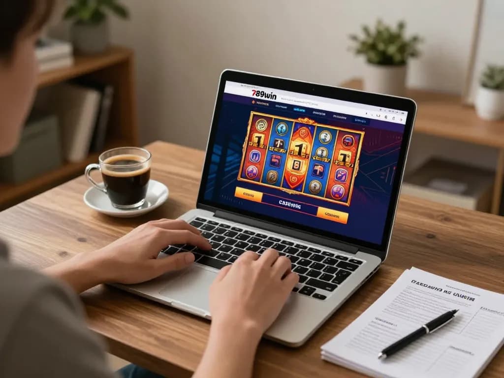Engaging with 789win's online gambling platform in a cozy home setup.