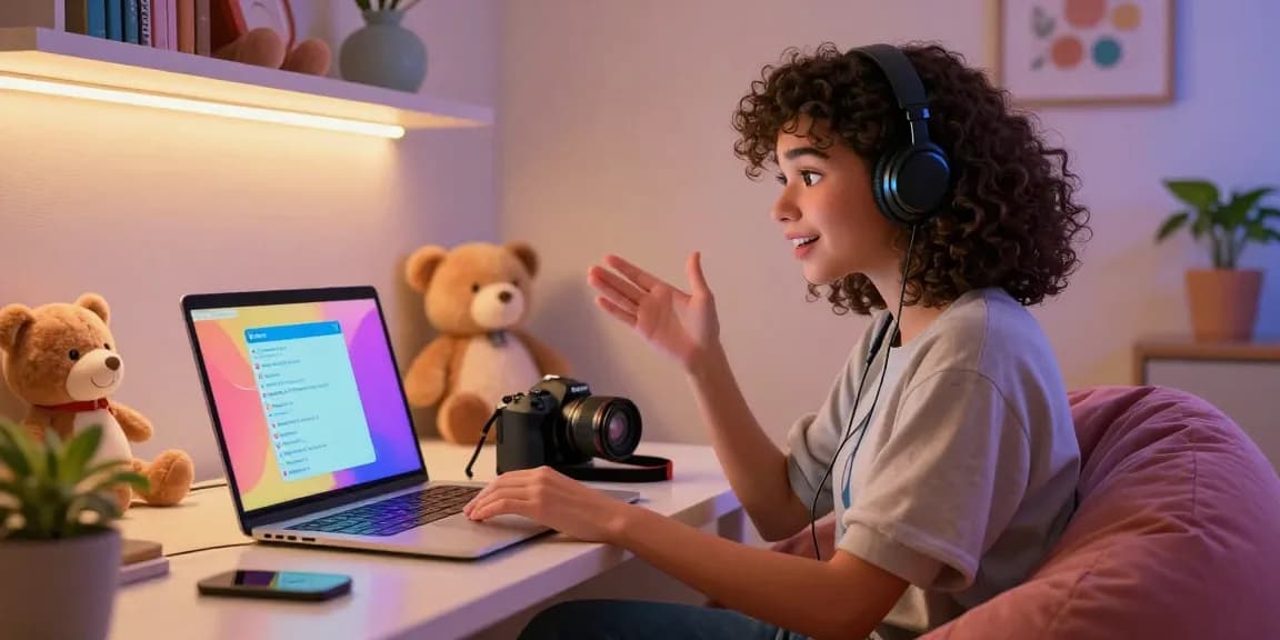Engaging conversation with an AI girlfriend in a cozy digital workspace setting, showcasing technology and comfort.