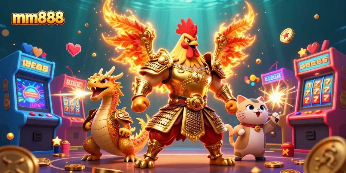 Engage in thrilling gameplay with mm888's cartoon rooster warrior and dragon in a vibrant casino scene.
