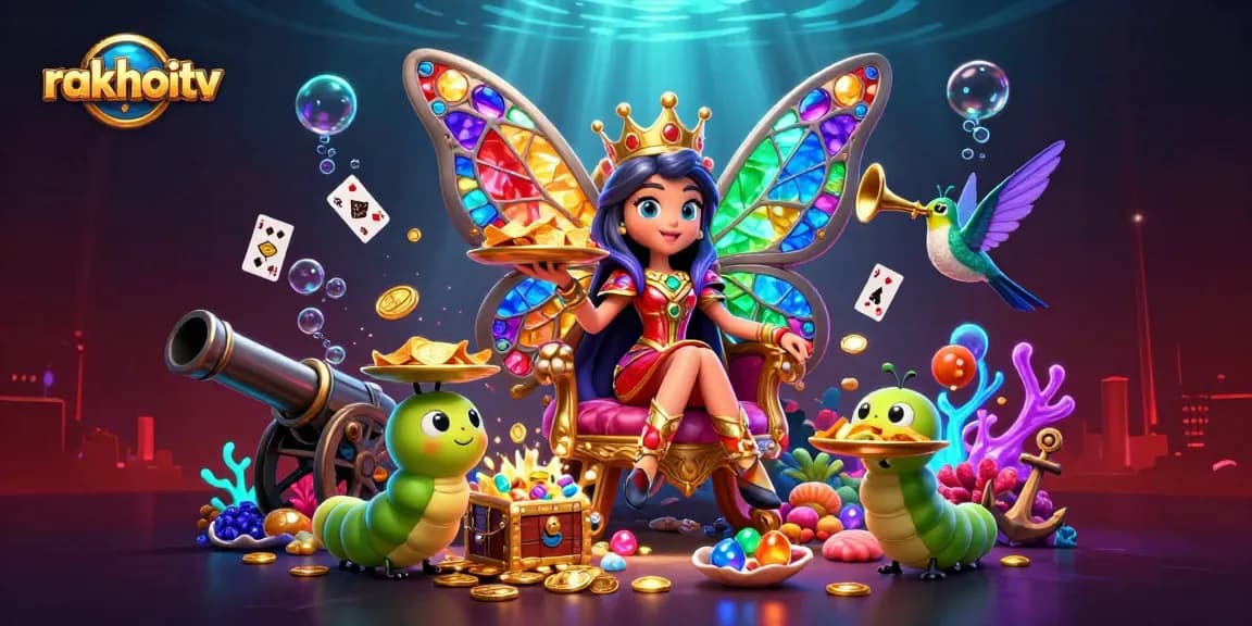 rakhoitv features a butterfly queen in a vibrant 3D gambling-themed scene full of treasure and excitement