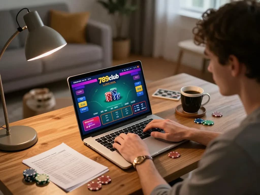 Engaged player utilizing 789club's online platform for poker betting with a cozy atmosphere.