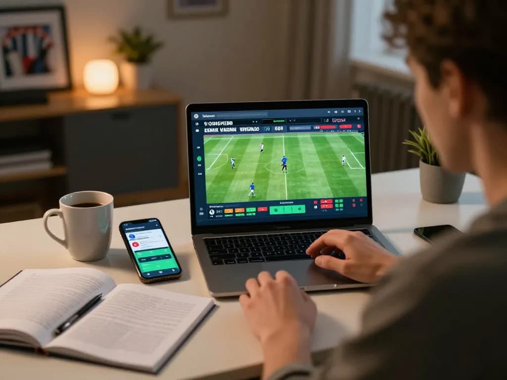 Engaging in online sports betting with tỷ lệ kèo nhà cái 5 displayed on the screen beside strategic notes.