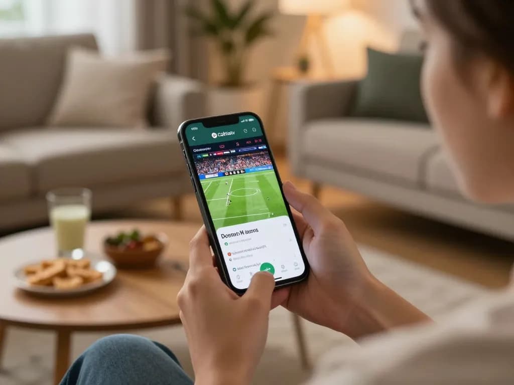 Cakhiatv user enjoying live sports streaming on mobile device in a cozy setting