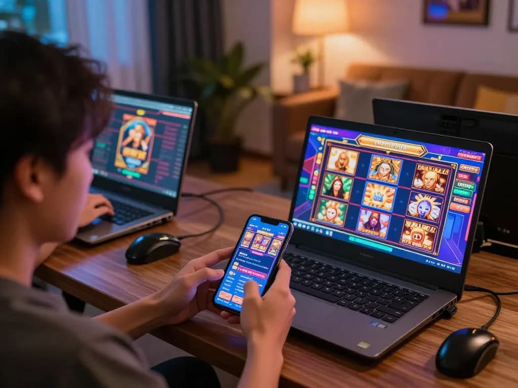 Engaged players enjoying Slot Malaysia games while strategizing on mobile devices in a vibrant online casino setting.