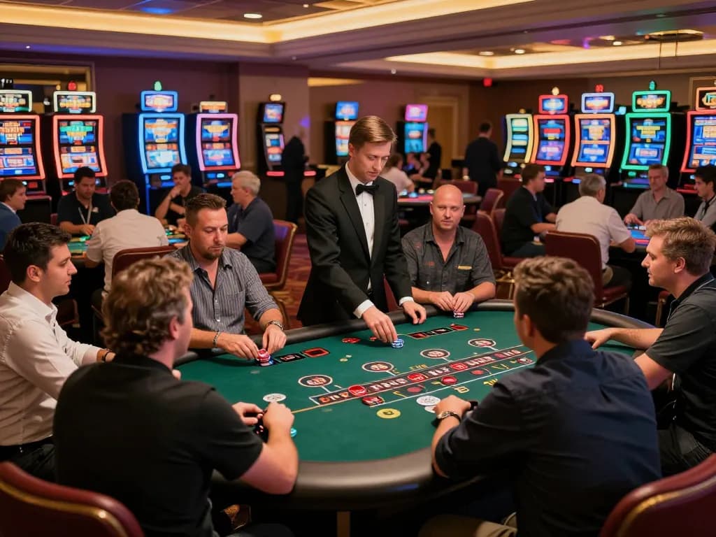 Dafabet players enjoying vibrant blackjack tables with a professional dealer lighting up the casino experience.