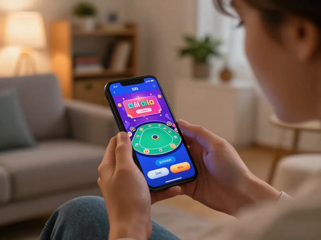Playing game bài đổi thưởng on a smartphone in a cozy home setting, showcasing online gaming excitement.