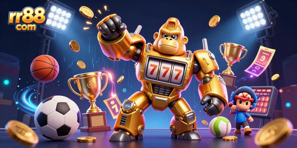 Experience excitement at rr88 com with a dynamic 3D casino illustration showcasing a golden gorilla mech and sports elements.