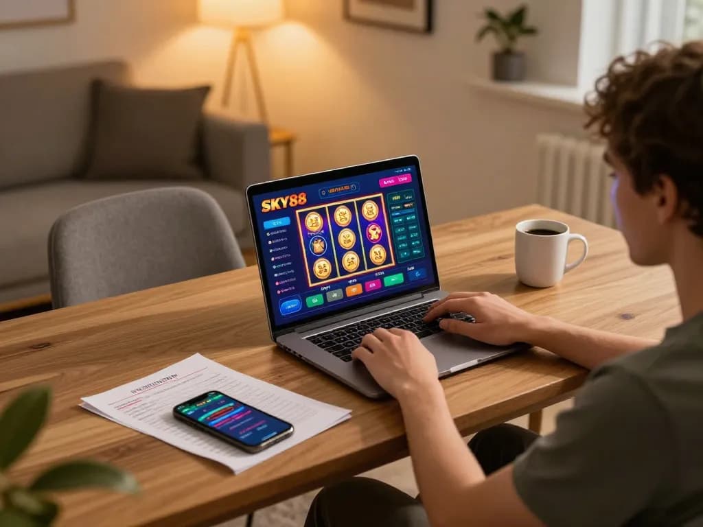 Engaging in exciting gameplay at SKY88 casino on a laptop with vibrant graphics and betting strategies