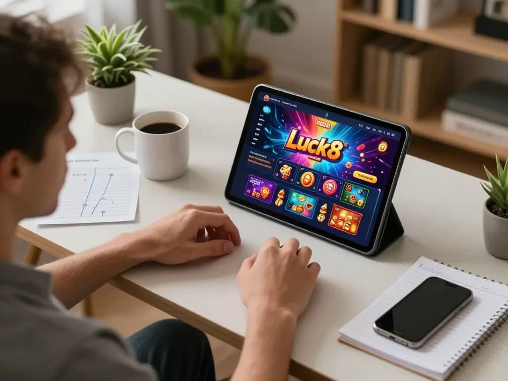Engaged player exploring Luck8 com casino games on tablet in a cozy home setting.