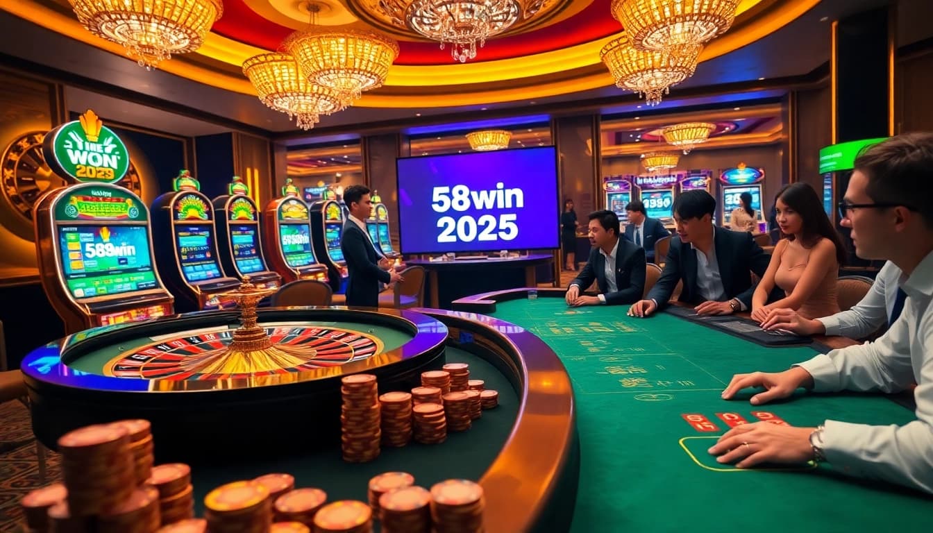 Exciting gambling atmosphere at 58win 2025 with players at a roulette and poker table.