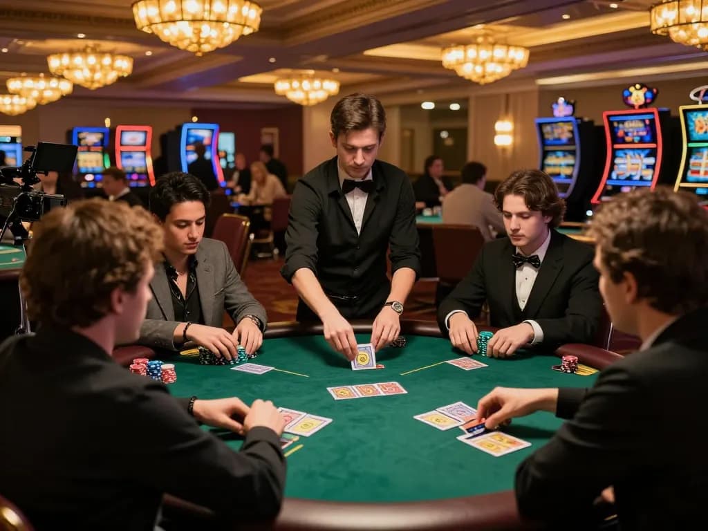 Engaging poker game at a TR88 casino table, players strategizing and dealing cards.