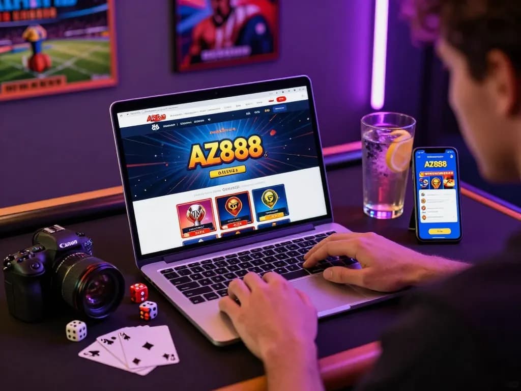 Player experiencing AZ888's online gaming platform in a vibrant, engaging setup, surrounded by gaming accessories.