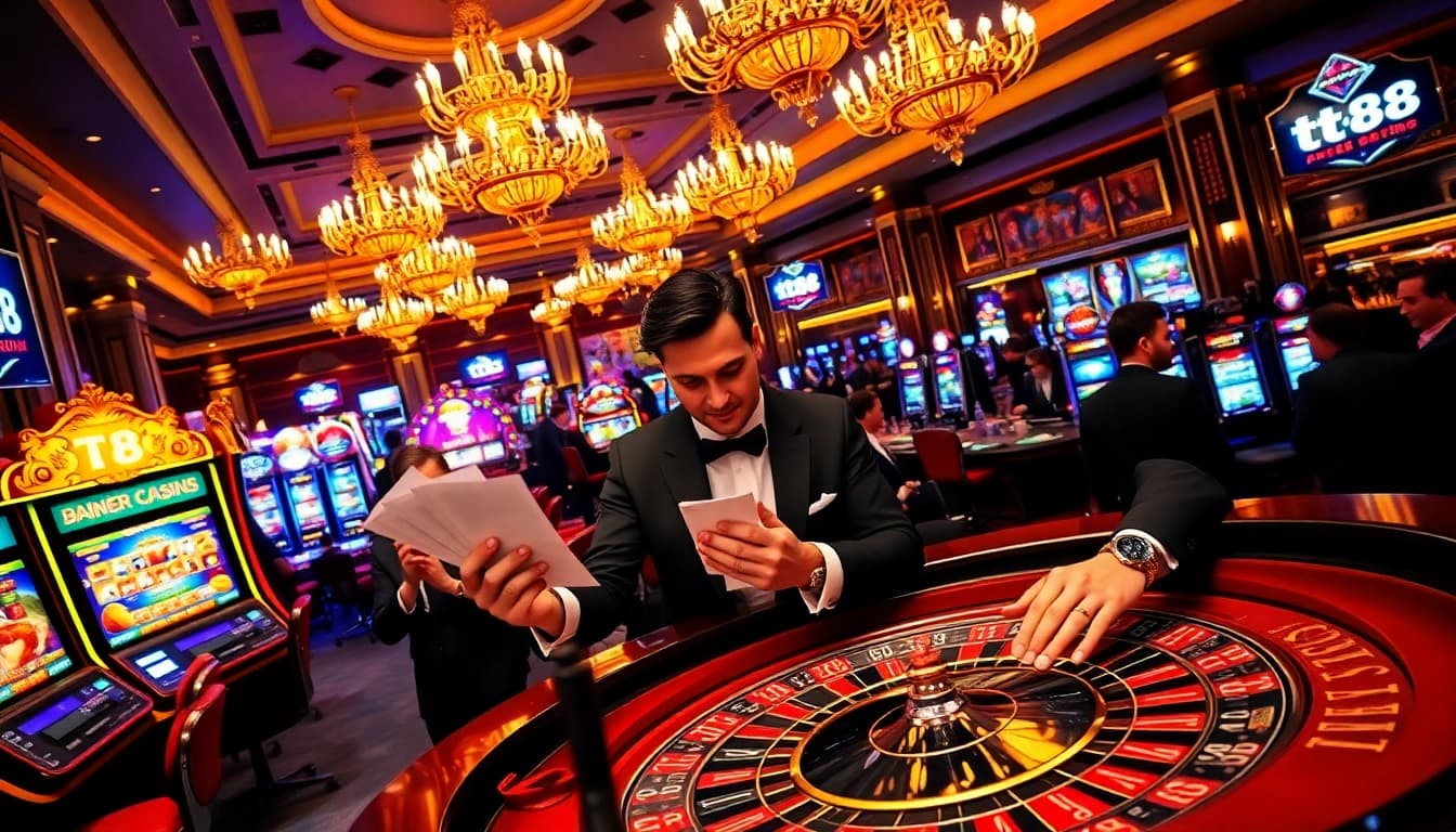 Engaging with tt88 in a luxurious casino atmosphere featuring roulette and slot machines.