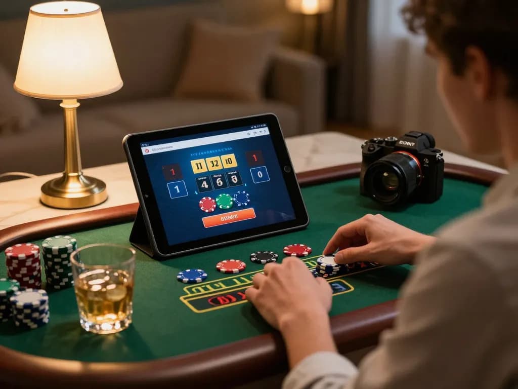 Player enjoying realistic live dealer games on vu88 tablet in cozy home setting.