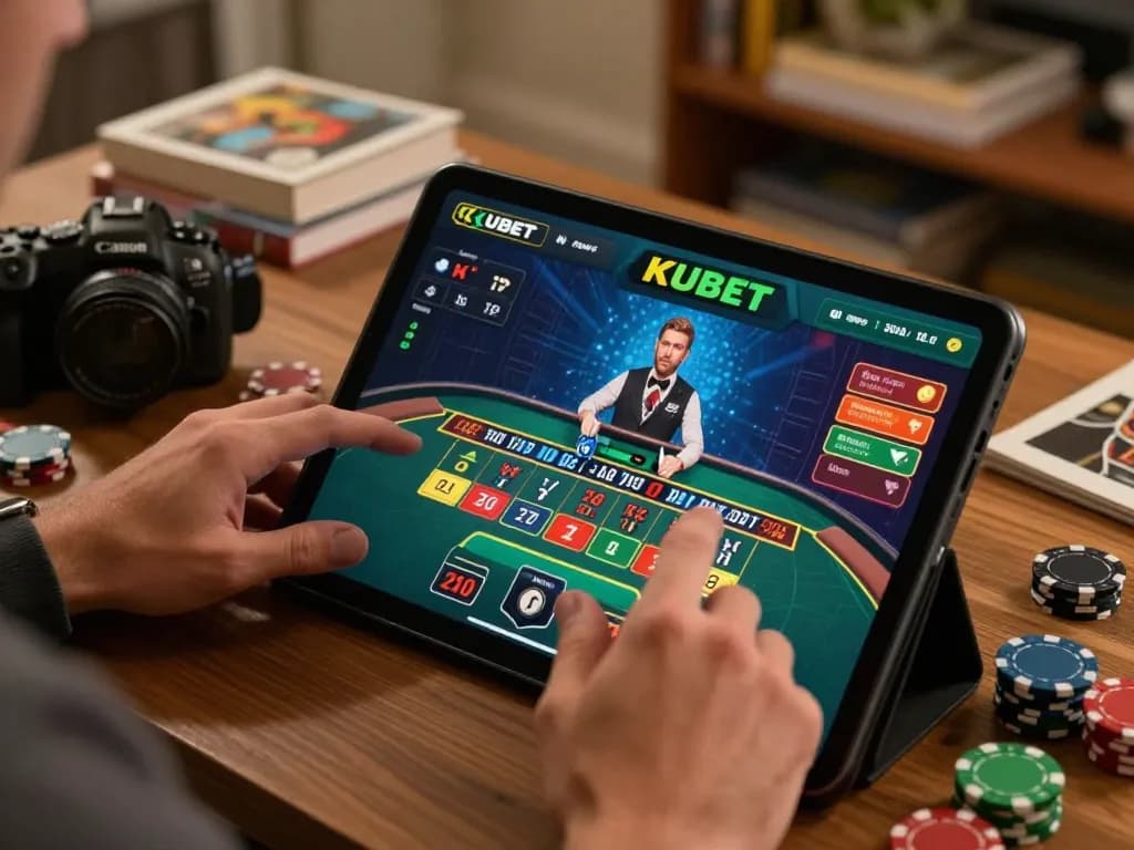 KUBET app displayed on tablet as player prepares to bet during online blackjack game.