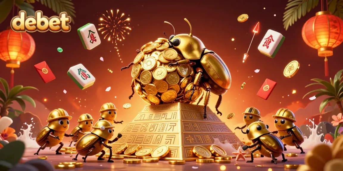 Engage with debet's vibrant gaming world featuring golden beetles and casino symbols.