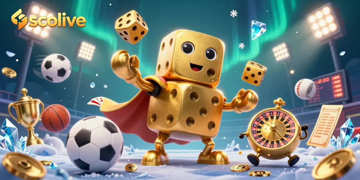 Socolive enhances your betting experience with a dynamic 3D scene filled with sports elements and golden dice.