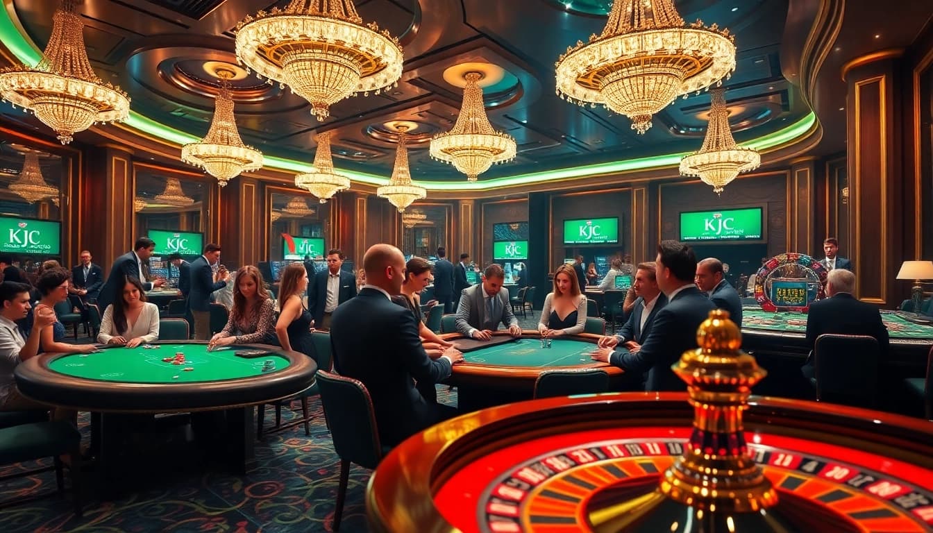 KJC casino players enjoying poker at a high-stakes table with vibrant atmosphere