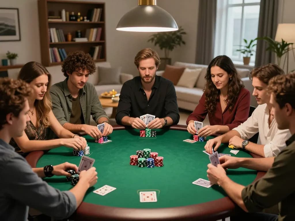 Engaged players at a poker night showcasing qq88pro strategy with cards and chips in a warm, inviting atmosphere.