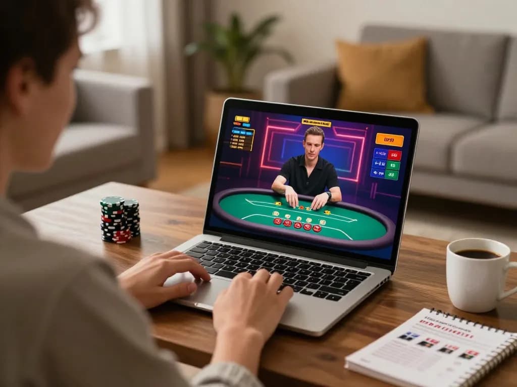 DABET player engaged in live dealer game, showcasing excitement and strategy in comfortable home setting