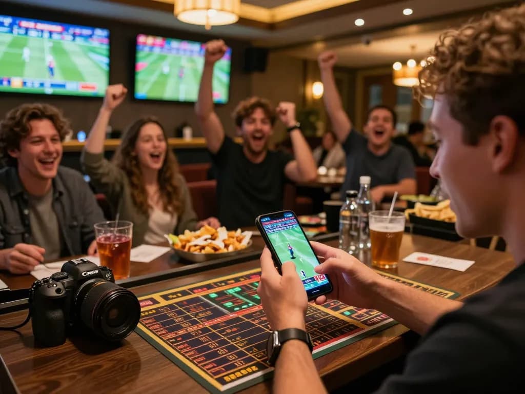 Engaging betting moment at 789 Club with friends placing live sports bets on smartphones