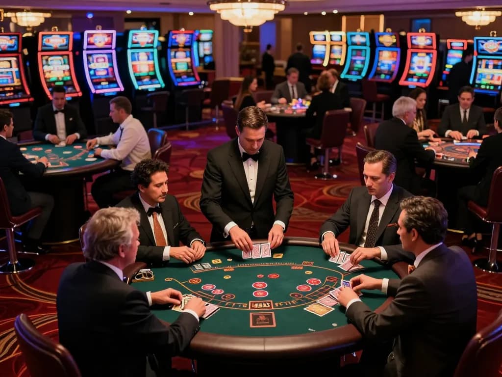 Players at the hit club blackjack tables strategizing their next move in an upscale casino.