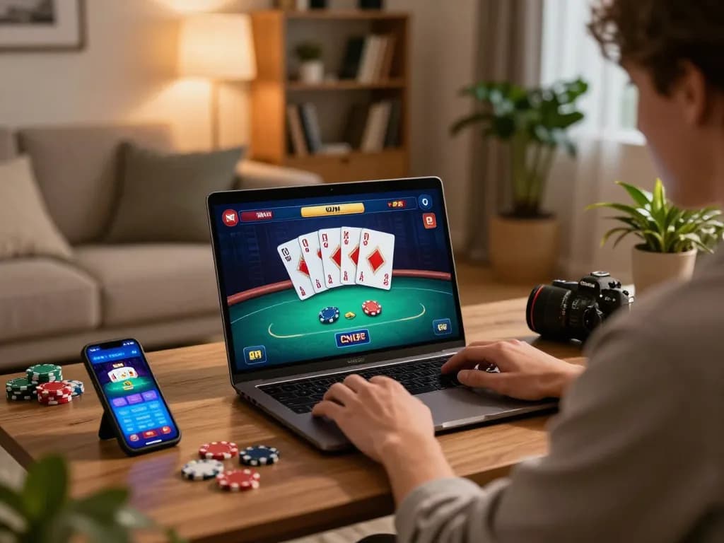 Engaging in online poker at home using sbotop with vibrant cards on screen, cozy atmosphere.