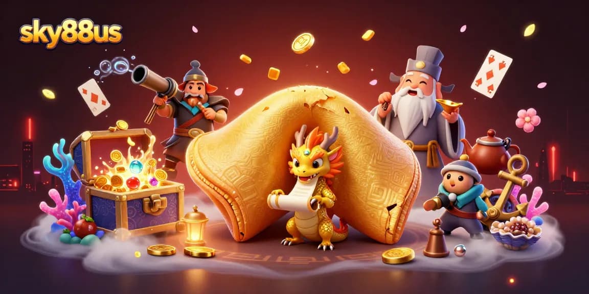 Experience excitement with sky88us in a vibrant 3D casino scene filled with gold coins and mythical characters.
