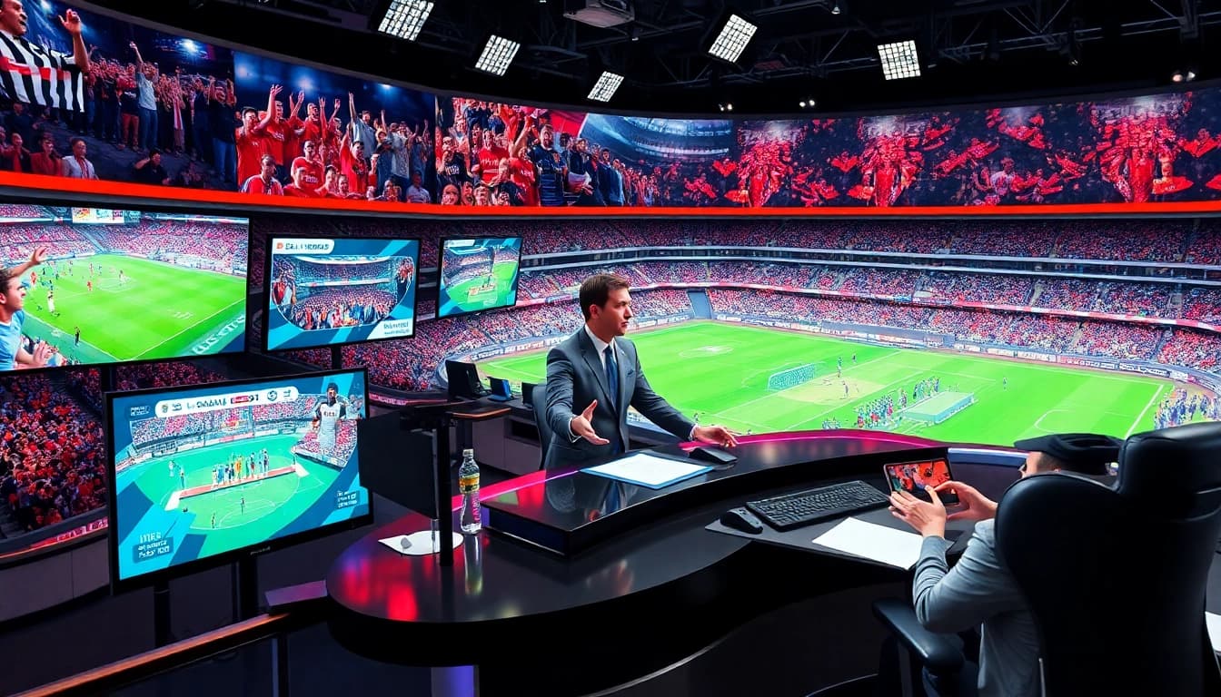 Broadcasting updates on sports broadcasting from a high-tech studio with vibrant screens.