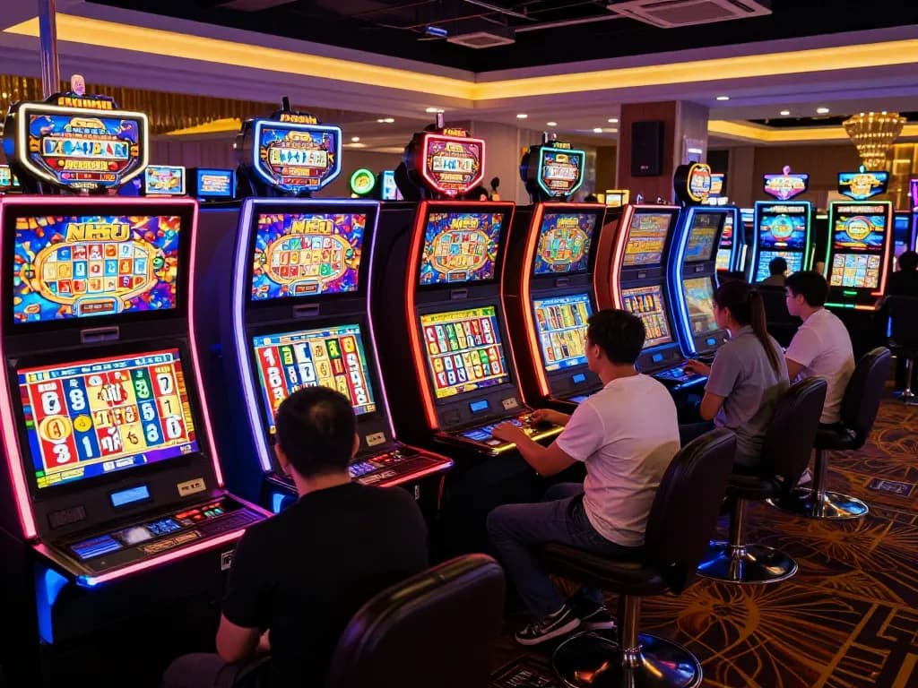 Nổ hũ players enjoying vibrant slot machine action in a lively casino atmosphere