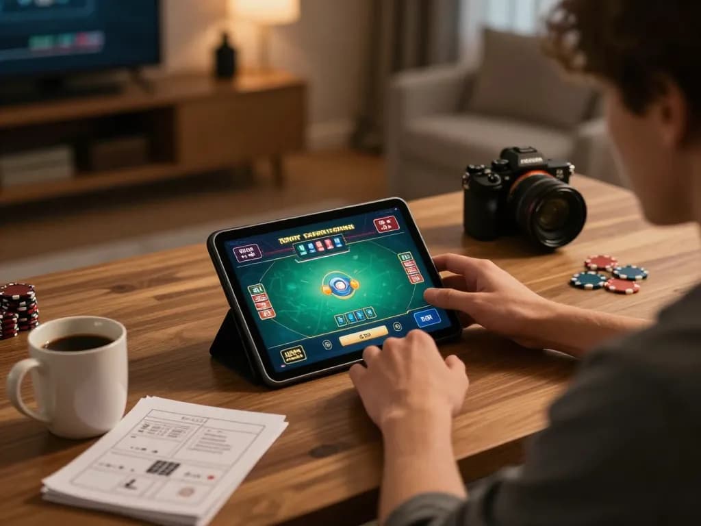 Engaged user playing online poker on tablet at home, showcasing abc8go gaming strategy.