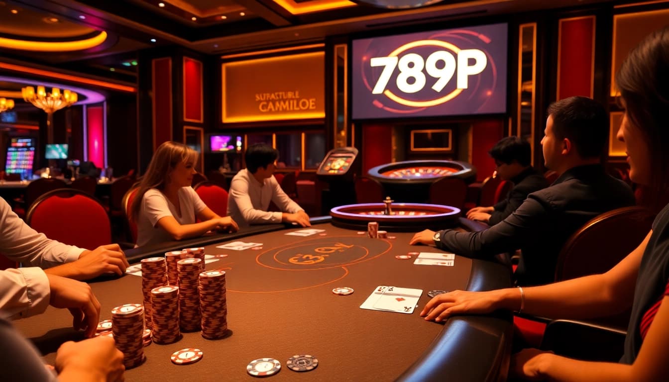 Engaged players at a luxurious 789P poker table, showcasing excitement and strategy in the casino.