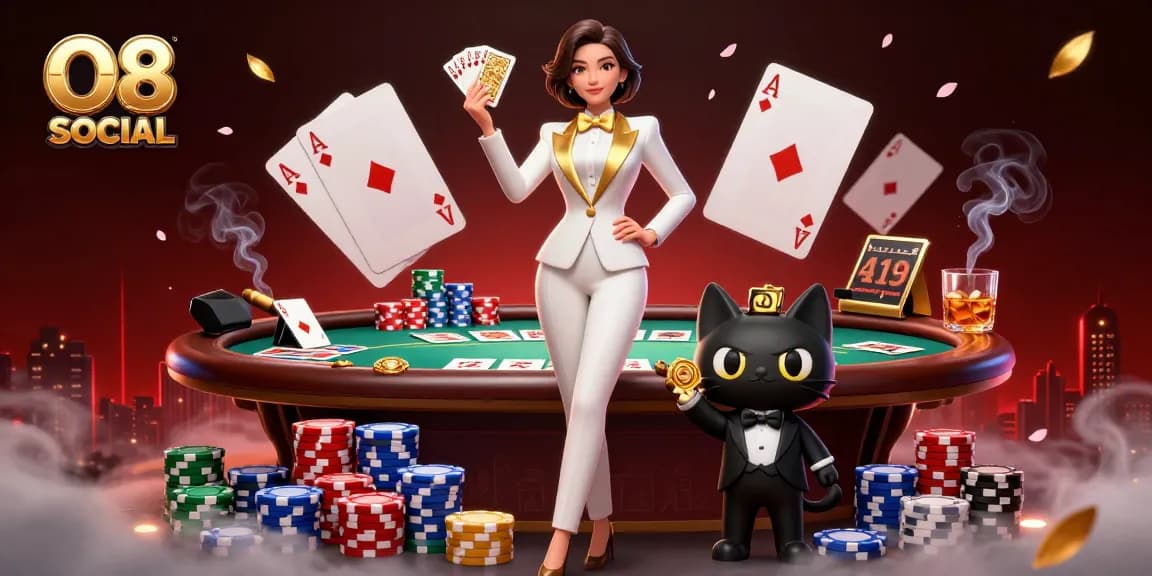 Engage in thrilling poker action at O8 SOCIAL with a glamorous dealer and vibrant chips.