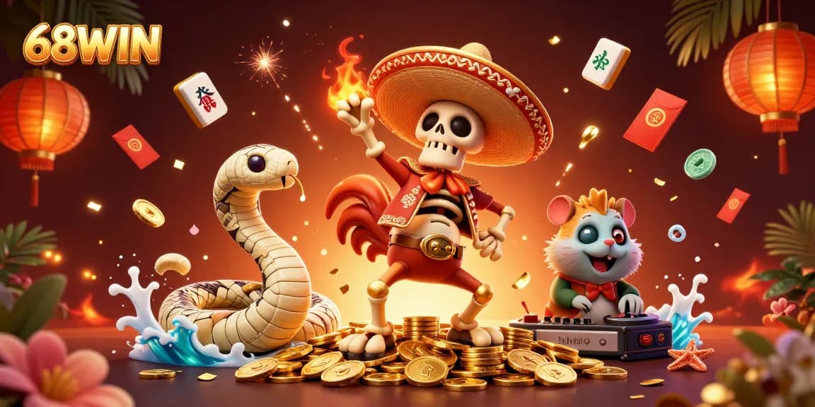 Experience the thrill of winning with 68WIN in this vibrant casino illustration featuring a dynamic scene packed with excitement.