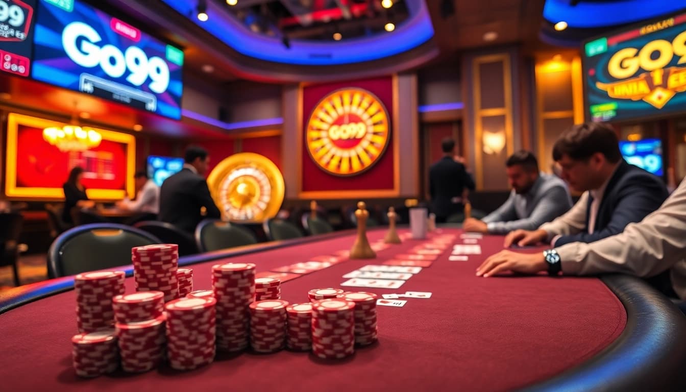 Dynamic casino scene showcasing Go99's exciting poker setup with chips and cards.