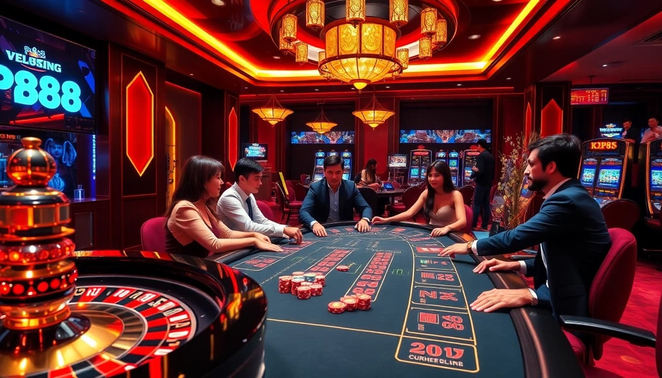 Experience high-stakes betting with KP88 at a luxurious casino scene, featuring roulette and poker tables.