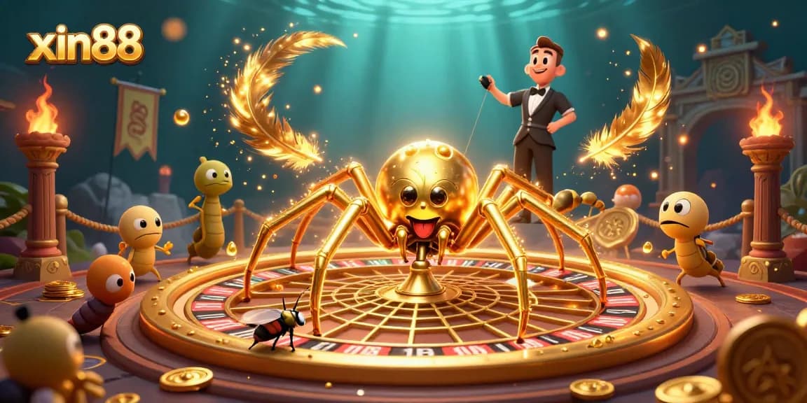 Spin to win with xin88: A vibrant cartoon illustration of a spider croupier and betting fly at a roulette wheel.